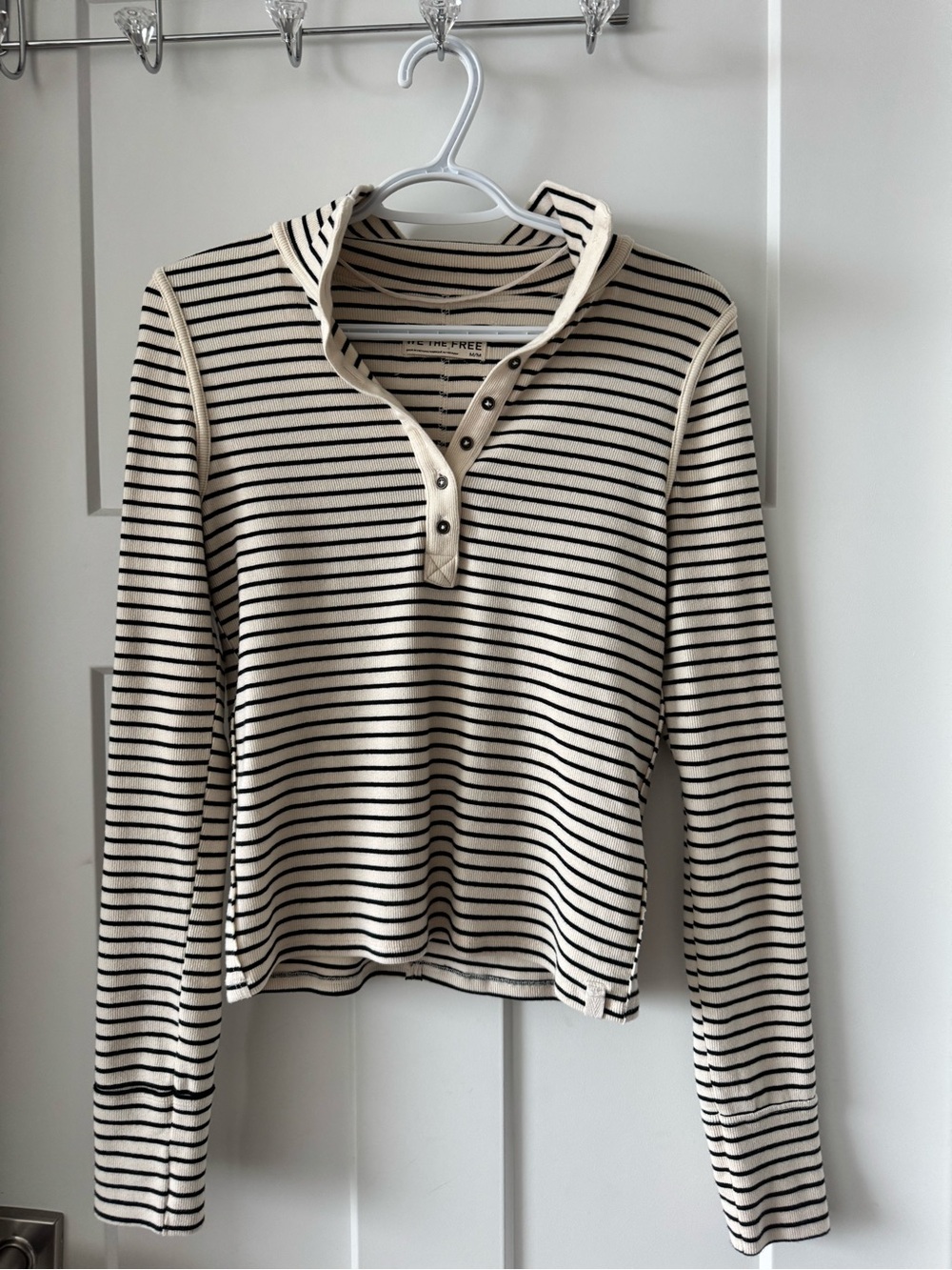 We The Free Cream and Black Striped Snap-Henley Long Sleeve Top